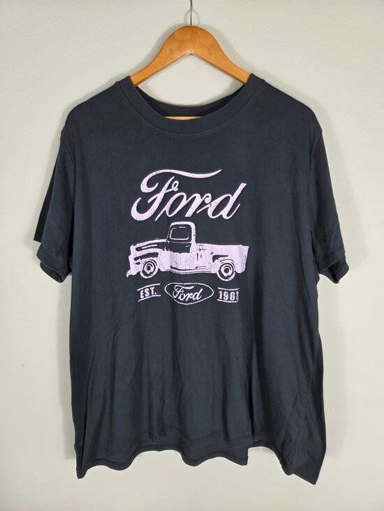 Ford Tops - Ford Woman's Dark Gray Shirt with Purple Writing Size 2X
